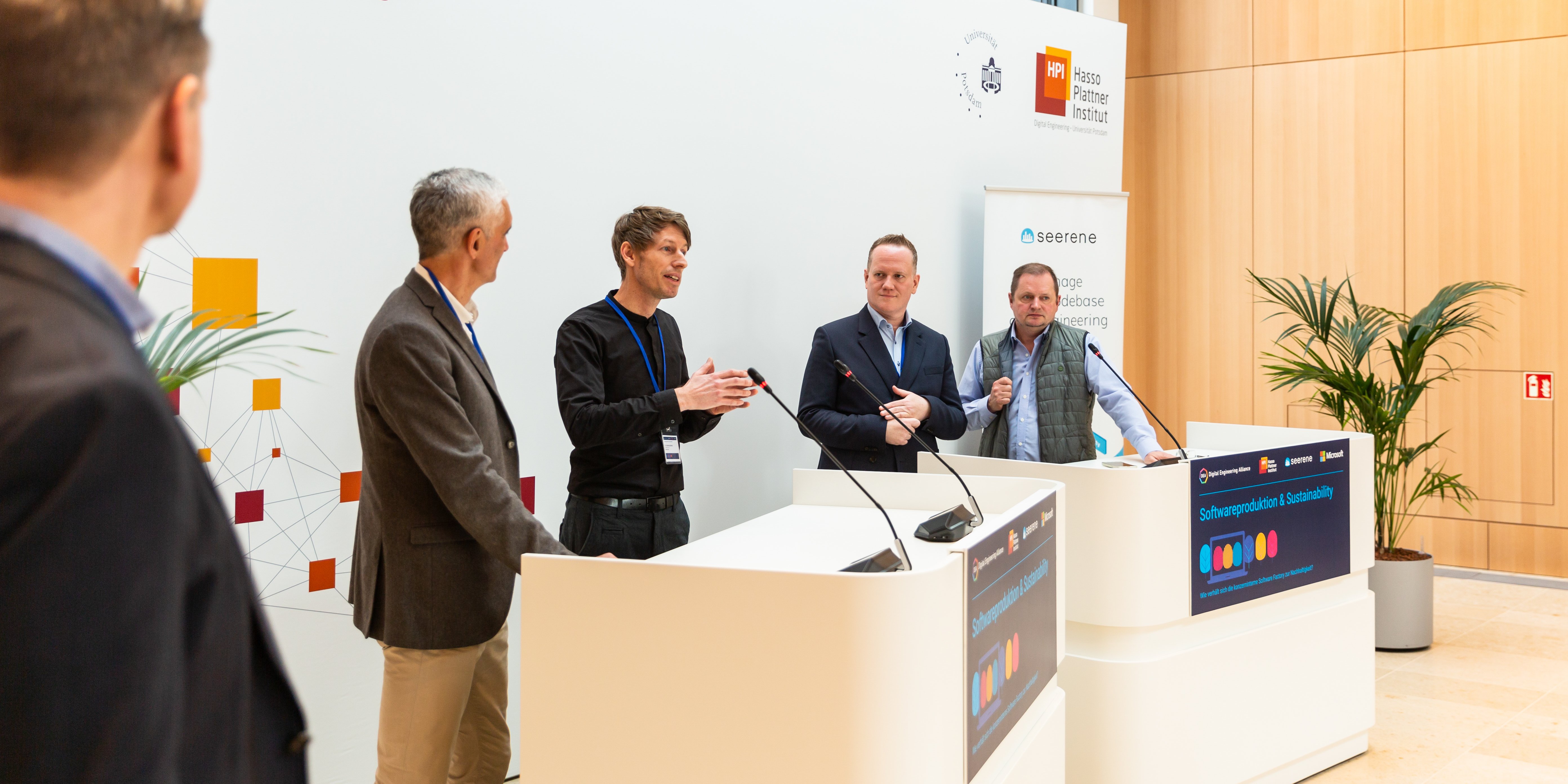 The Software Production & Sustainability Event at the HPI and its hosts Oliver Viel, Dr. Johannes Bohnet of Seerene, Marc Hildebrandt of the German Deep Tech Group, and Prof. Dr. Jürgen Döllner of the HPI